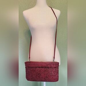 Tooled Red Vegan Leather Crossbody Clutch Purse